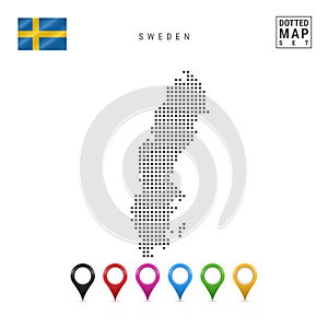 Vector Dotted Map of Sweden. Simple Silhouette of Sweden. The National Flag of Sweden. Set of Multicolored Map Markers