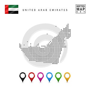 Vector Dotted Map of United Arab Emirates. United Arab Emirates Silhouette. United Arab Emirates Flag. Map Markers Set
