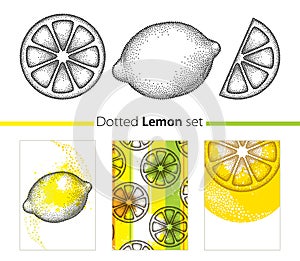 Vector dotted set with lemon, lemon slice and cards isolated on white background. Fruits elements in trendy dotwork style.