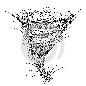 Vector dotted spiral of Tornado or Typhoon or Hurricane in black isolated on white background. Dotted swirl of Whirlwind storm.