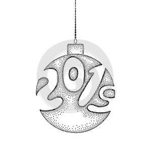 Vector dotwork hanging Christmas ball with numbers 2019 in black isolated on white background. Winter decor element for New Year.