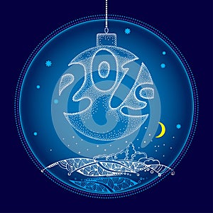Vector dotwork hanging white Christmas ball with numbers 2019 on the background with night landscape in blue. Winter decor.