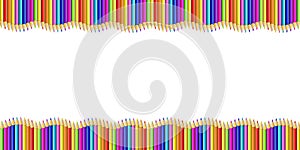 Vector double wavy border made of colored wooden pencils row isolated on white background.