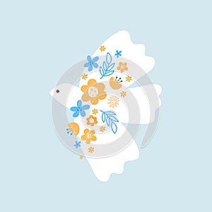Vector Dove of Peace. Pigeon with flowers on blue background. Concept no war in Ukraine. Bird boho hand drawn style art