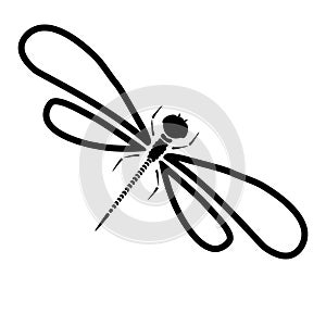 Vector dragon-fly silhouette. Cartoon graphic illustration of damselfly isolated with black and white wings. Sketch insect dragonf