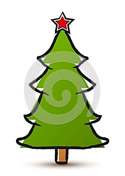 Vector drawing abstract Christmas tree with a star isolated on a white background.