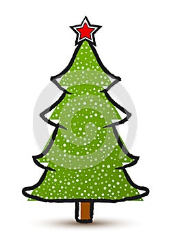 Vector drawing abstract Christmas tree with a star and snow isolated on a white background.