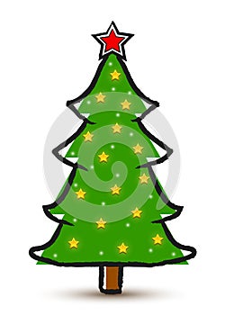 Vector drawing abstract decorated Christmas tree isolated on a white background.