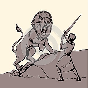 Vector drawing. An angry lion fight with man