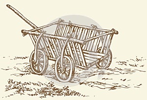 Vector drawing. Archaic wooden empty cart