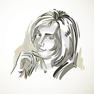 Vector drawing of beautiful tender woman, portrait in minimal st