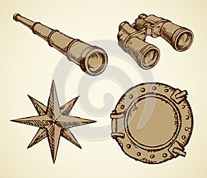 Vector drawing of binoculars, telescope, window, wind rose