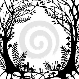 Vector drawing, black and white magic forest frame. silhouette of a fabulous, magical forest. design for halloween. frame for card