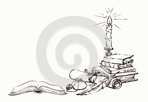 Vector drawing. Books and a candle in a candlestick