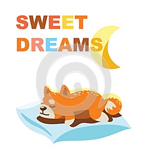 vector drawing of a cartoon small dog sleeping on a pillow with the inscription sweet dreams