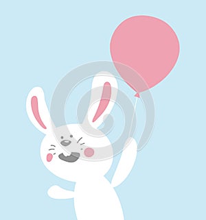 vector drawing of a cartoon white rabbit with a pink balloon on a blue background