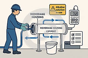 Vector drawing of CIP process with technician using membrane system and alkaline solution for industrial cleaning operations