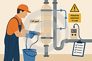 Vector drawing of CIP process with technician using membrane system and alkaline solution for industrial cleaning operations
