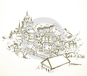 Vector drawing. City landscape with church