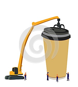 Vector drawing of a crane and giant coffee makers, workers help in raising the buck