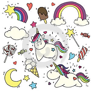 Vector drawing, cute set of fairy-tale elements drawn in the style of cartoon, flat, dudule. magic wand, unicorn, rainbow, clouds.