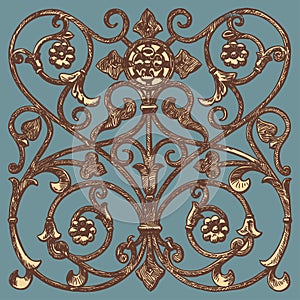 Vector drawing of decorative architectural detail of vintage fence in art nouveau style