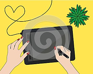 Vector drawing of desktop with tablet for graphic drawing, human hands and green plant. Hands of man working on graphics tablet