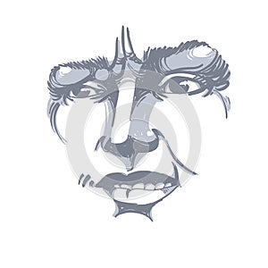 Vector drawing of distrustful woman, face features. Black and white portrait of doubter lady, do not lie to me.