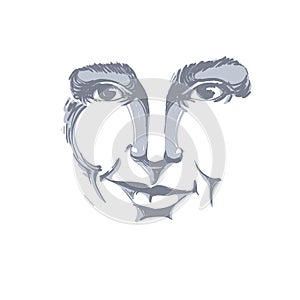 Vector drawing of distrustful woman, face features. Black and white portrait of doubter lady, do not lie to me.