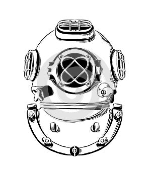 Vector drawing of diving helmet in black color, isolated on white background. Graphic illustration, hand drawing