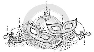 Vector drawing with dotted Mardi Gras carnival mask and outline decorative lace in black isolated on white background.