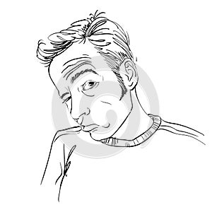 Vector drawing of drunk man or gambler with wrinkles on his fore