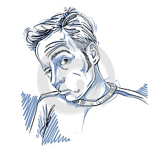 Vector drawing of drunk man or gambler with wrinkles on his fore