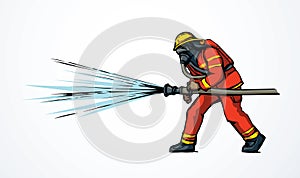 Vector drawing. Firefighter puts out the fire