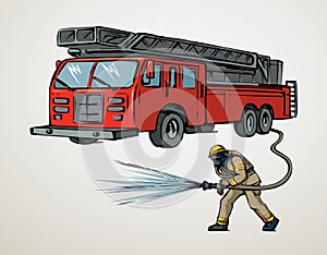 Vector drawing. Firefighter puts out the fire