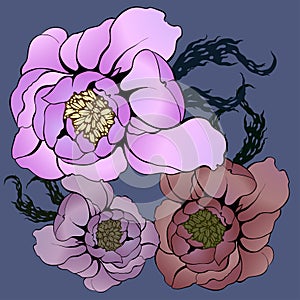 Vector drawing. Flowers with leaves - decorative composition.