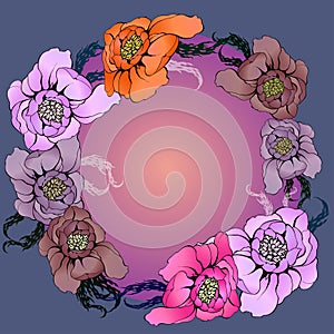 Vector drawing. Flowers with leaves - decorative composition.