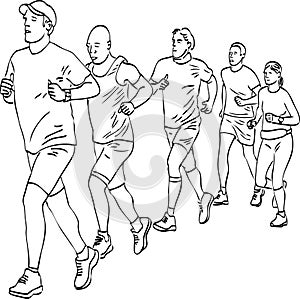 Vector drawing of group townspeople jogging