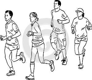 Vector drawing of group young people jogging