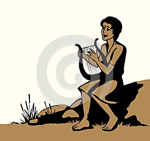 Vector drawing. Guy playing the harp