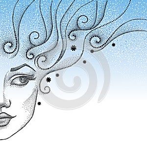 Vector drawing of half dotted beautiful girl face with snowflake and curly hair in black on the blue background. Winter background