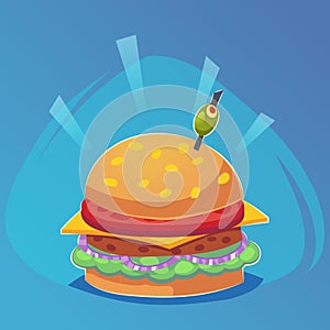 Vector drawing of hamburger with cheese, tomatoes, chop, lettuce, onion in flat cartoon style. Illustration for design fast food m