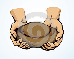 Vector drawing. Hands give a bread