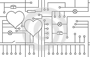 Vector drawing hearts Valentine`s day greeting card, original Love electrical circuit
