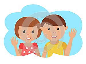 Vector drawing of icon little boy and girl in the cloud, waving his hand.