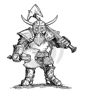 Vector Drawing Illustration of Fantasy Dwarf Warrior in Armor With Axes