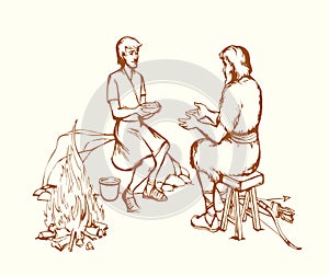 Vector drawing. Jacob gives soup to Esau