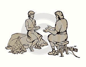 Vector drawing. Jacob gives soup to Esau