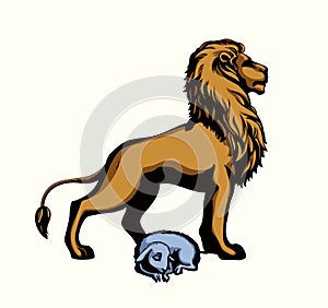 Vector drawing. Lion and lamb walks together