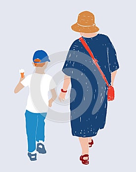 Vector drawing of little boy with ice cream and his grandmother walking along street on summer day together